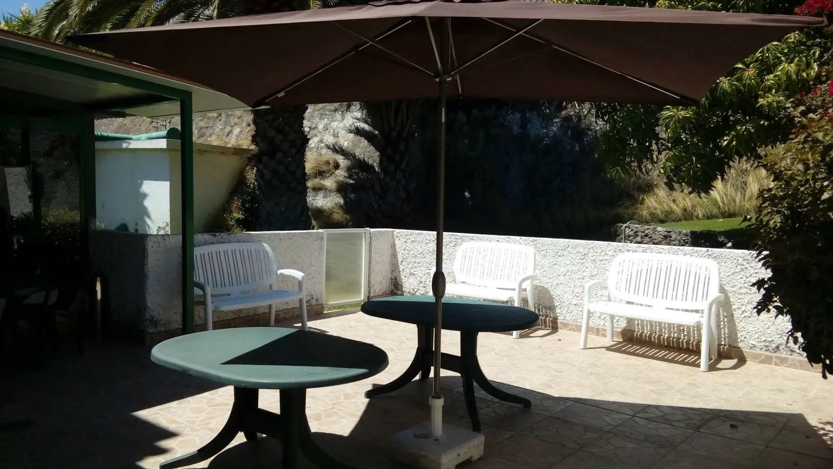 Terraza exterior con bancos, mesas y vegetación alrededor